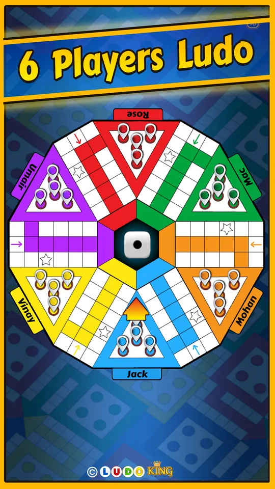 Captura do Ludo King: o tabuleiro hexagonal do modo para seis jogadores.