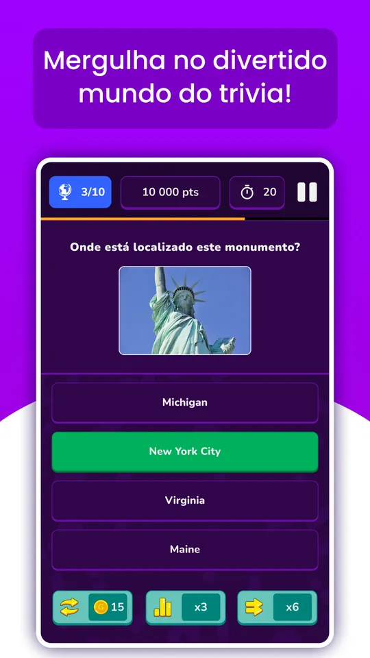 Captura do QuizIt: uma pergunta de geografia sobre a localização de um monumento, com quatro respostas.