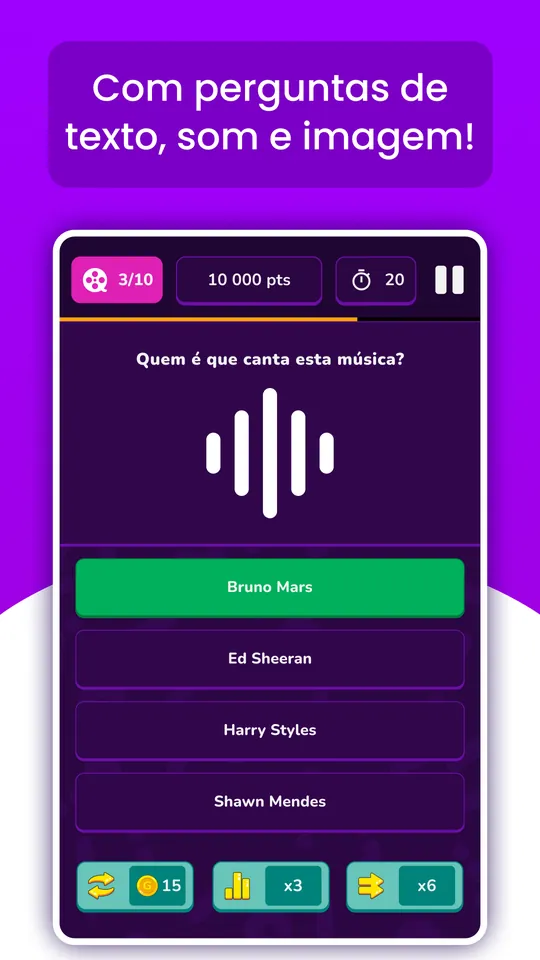 Captura do QuizIt: uma pergunta de som, a perguntar quem canta a música em reprodução.